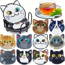 Cartoon Cat Coaster Set - 10pcs Round 10x10cm - Diamond Painting