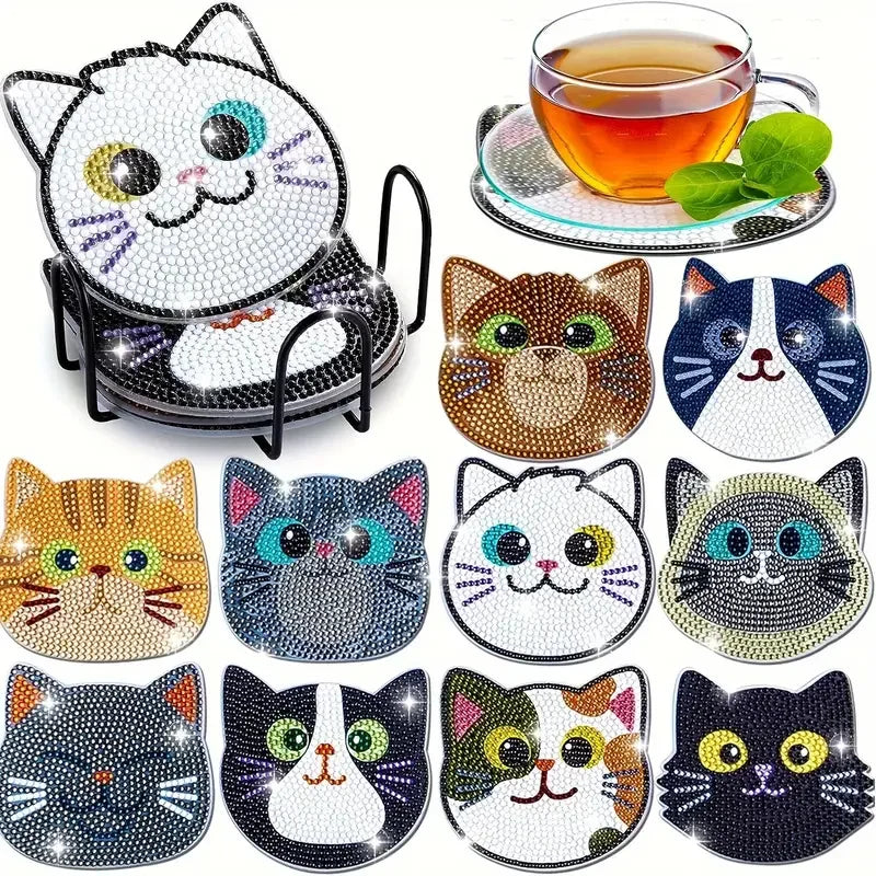 Cartoon Cat Coaster Set - 10pcs Round 10x10cm - Diamond Painting