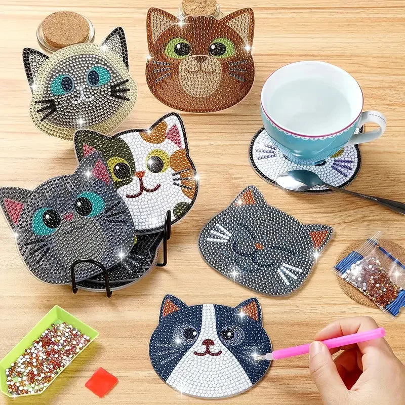 Cartoon Cat Coaster Set - 10pcs Round 10x10cm - Diamond Painting