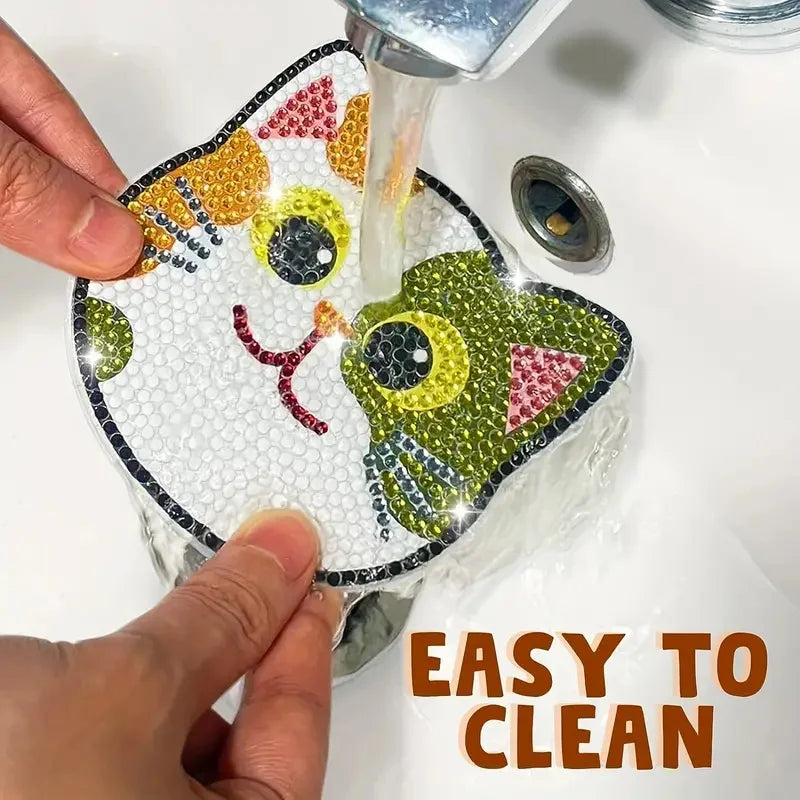 Cartoon Cat Coaster Set - 10pcs Round 10x10cm - Diamond Painting