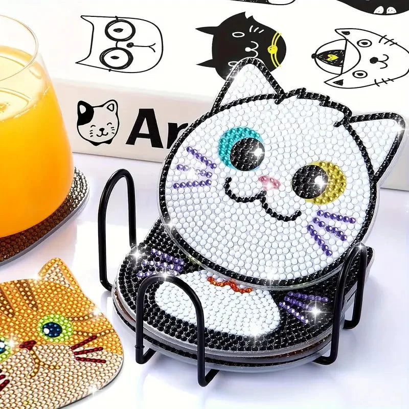 Cartoon Cat Coaster Set - 10pcs Round 10x10cm - Diamond Painting