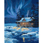Mountain House In Snow Night - World Paint by Numbers™ Kits DIY