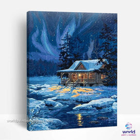 Mountain House In Snow Night - World Paint by Numbers™ Kits DIY