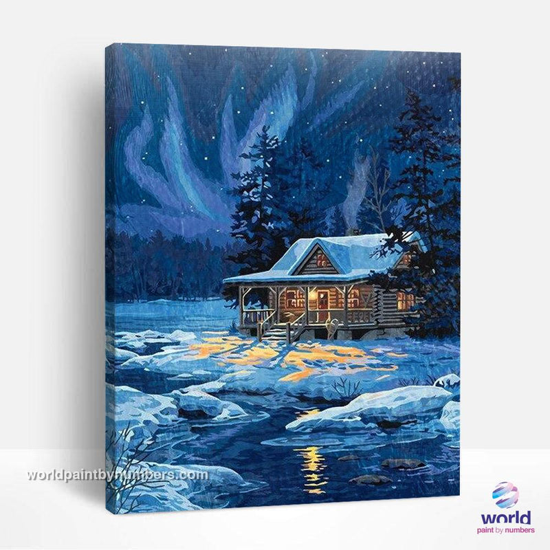 Mountain House In Snow Night - World Paint by Numbers™ Kits DIY