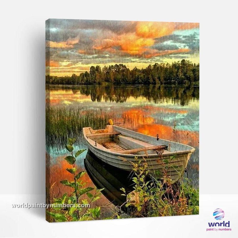 Small Boat by the Sunset Lake - World Paint by Numbers™ Kits DIY
